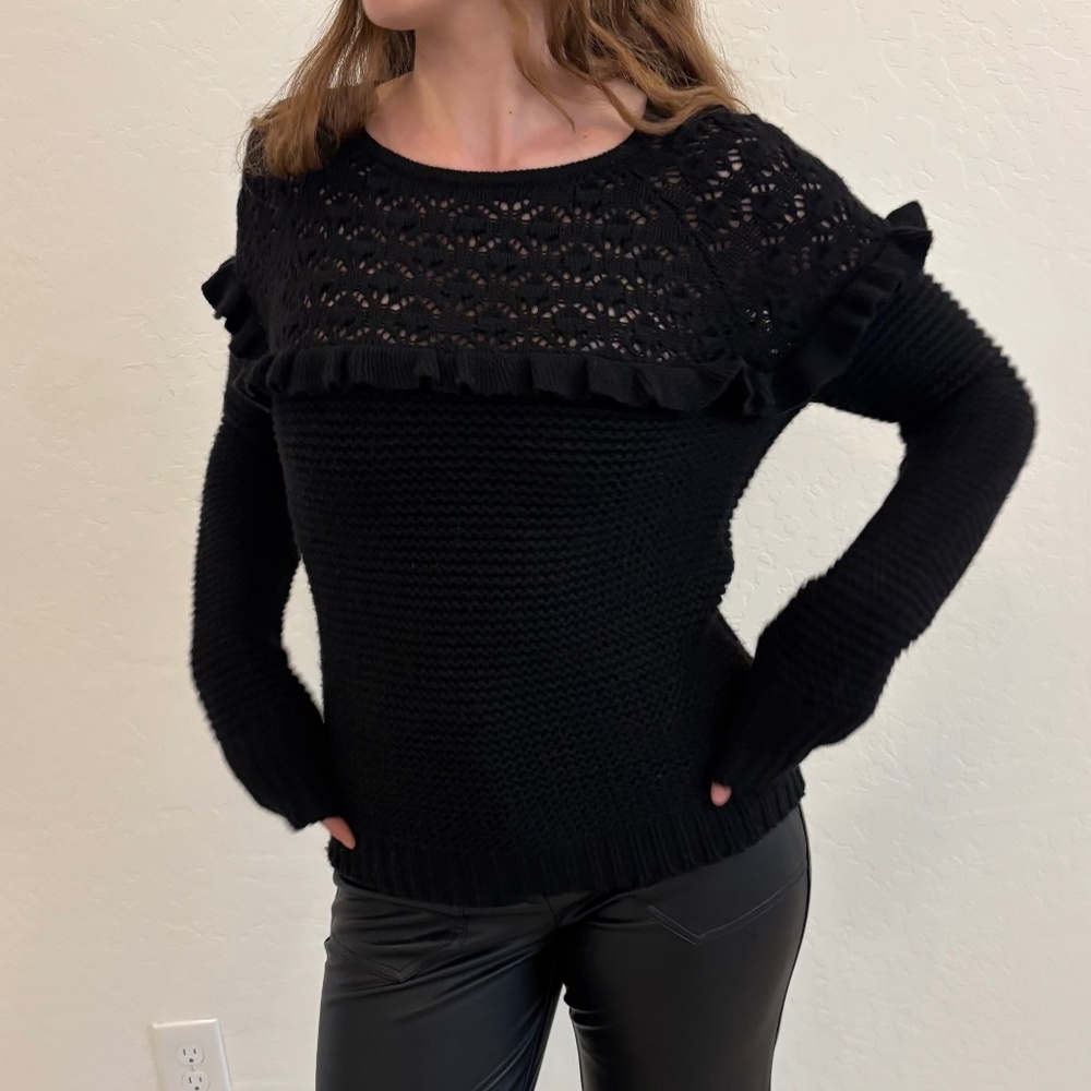 Autumn Cashmere Black Ruffled Open Knit Sweater S